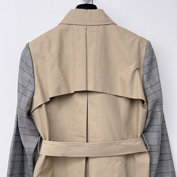 MURAL | NWT Nordstrom Double-Breasted Tan and Gray Plaid Belted Trench Coat - Picture 11 of 14